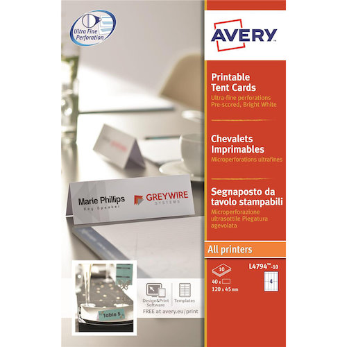 Avery Printable Business Tent Card 4 per Sheet 120x45mm 190gsm White (44790AV)