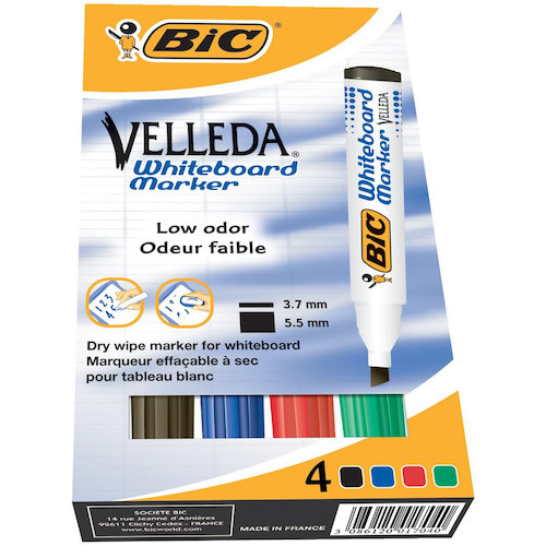 Bic Velleda Marker W/bd Dry wipe 1751 Large Chisel Tip 3.7 5.5mm Line Width Assorted (68513BC)