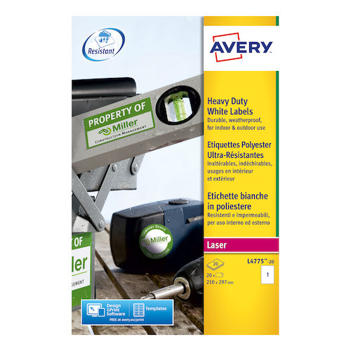 Avery Heavy Duty Labels Laser 1 per Sheet 210x297mm White (43901AV)