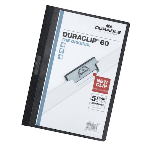 Durable Duraclip Folder PVC Clear Front 6mm Spine for 60 Sheets A4 Black (10775DR)
