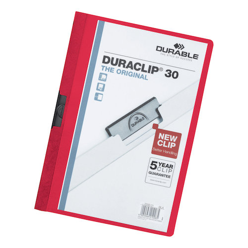 Durable Duraclip Folder PVC Clear Front 3mm Spine for 30 Sheets A4 Red (10747DR)