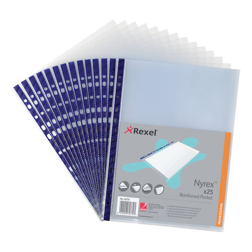 Rexel Nyrex Pocket Reinforced Blue Strip Top opening 90 Micron A4 Clear (27766AC)