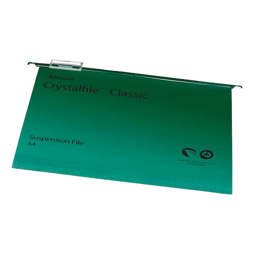 Rexel Crystalfile Classic Suspension File Manilla 15mm V base 230gsm A4 Green (28060AC)