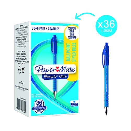PaperMate FlexGrip Ultra Retractable Ballpoint Pen Medium Blue (36 Pack) 1910074 (GL09611)