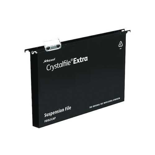 Rexel Crystalfile Extra 15mm Suspension File Foolscap Black (25 Pack) 3000080 (TW15502)