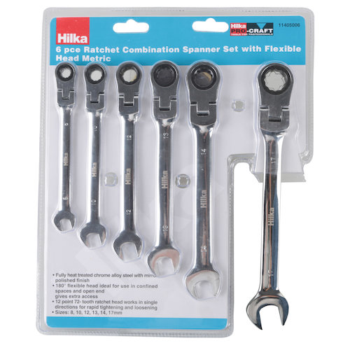 Hilka 6 pce Ratchet Spanner Set with Flexible Head Metric (5013433140064)